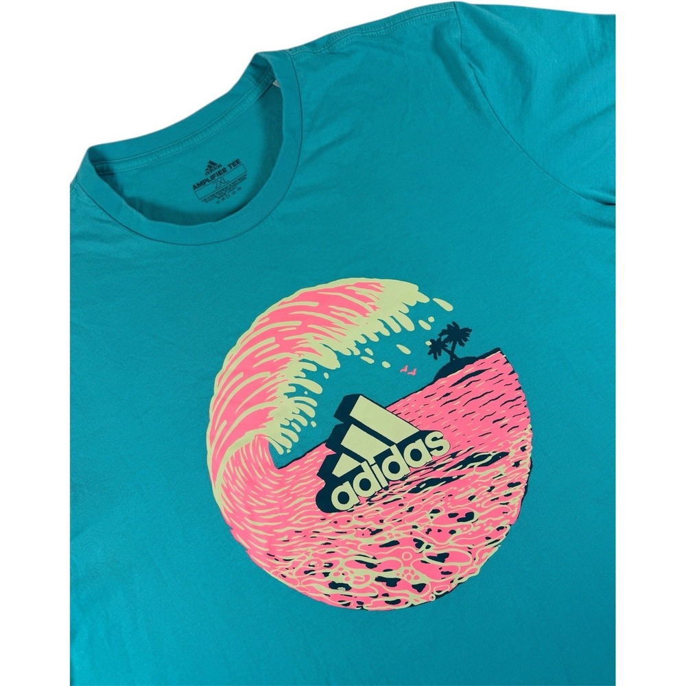 Adidas Amplifier Tee Mens 2XL Blue Graphic Wave Logo T Shirt Short Sleeve Surf‎